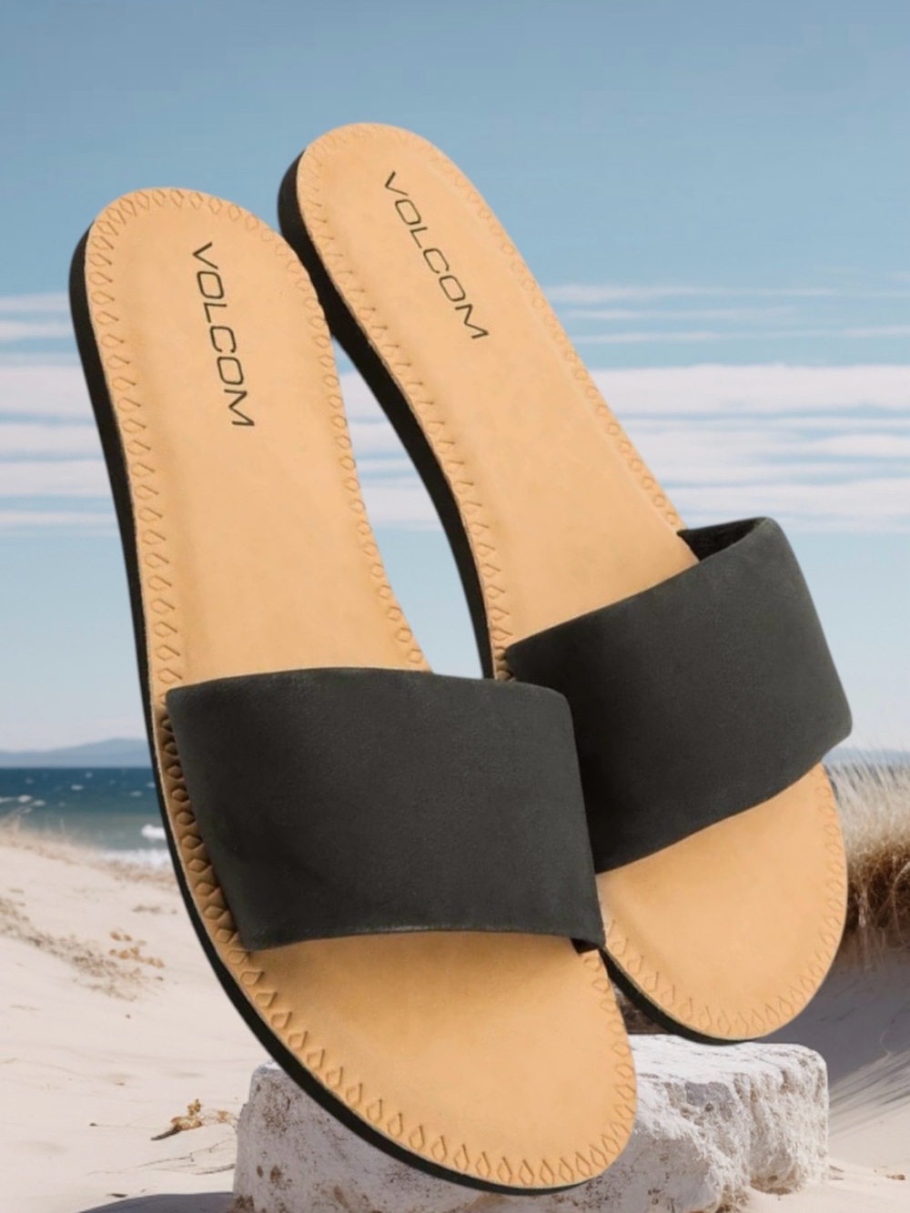 2 for $30 | Volcom Black Simple Slides Sandals with Tan Footbed